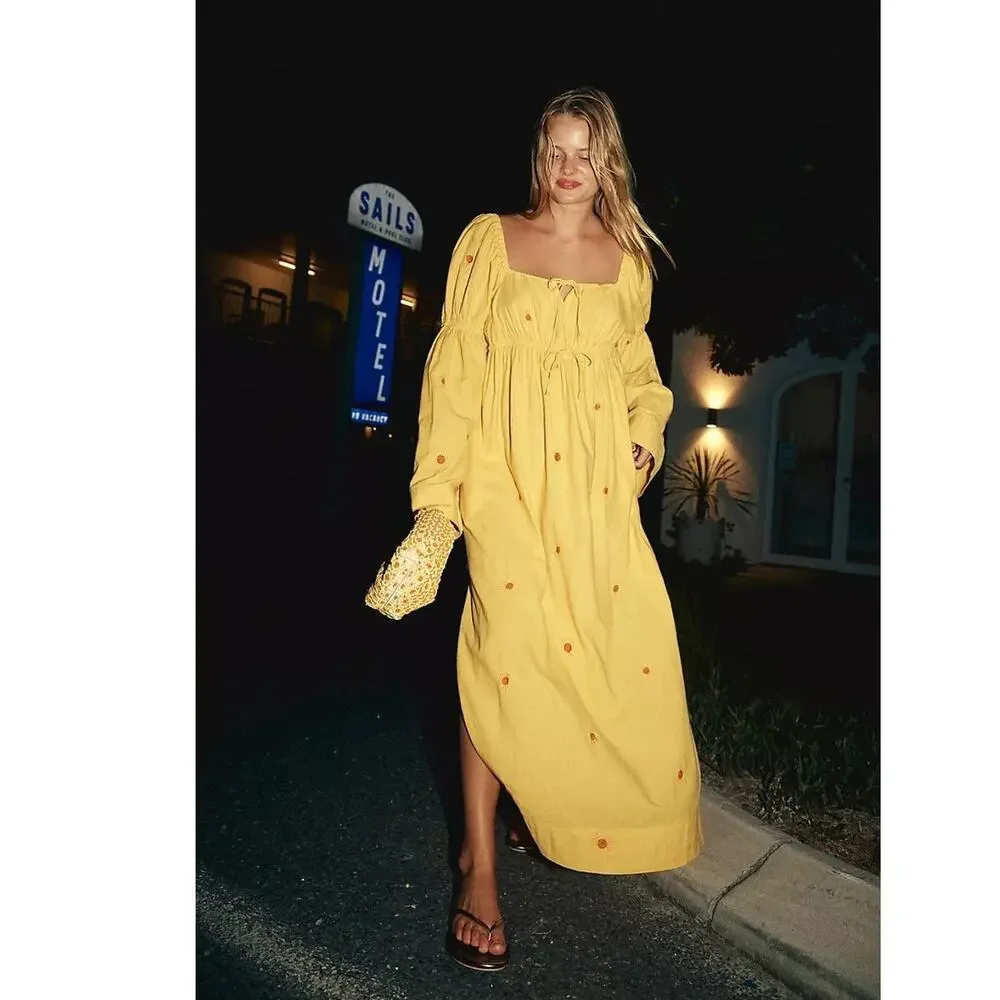 NWT Free People Emory Embroidered Midi Dress $168 SMALL Yellow